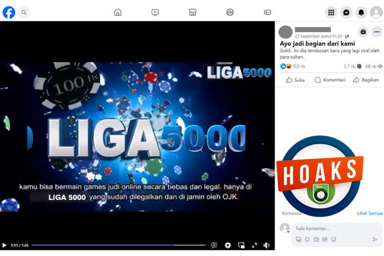 Tangkapan layar unggahan dengan narasi hoaks di sebuah akun Facebook, Jumat (22/9/2023), soal video mempromosikan gim judi daring yang telah dilegalkan dan dijamin OJK.