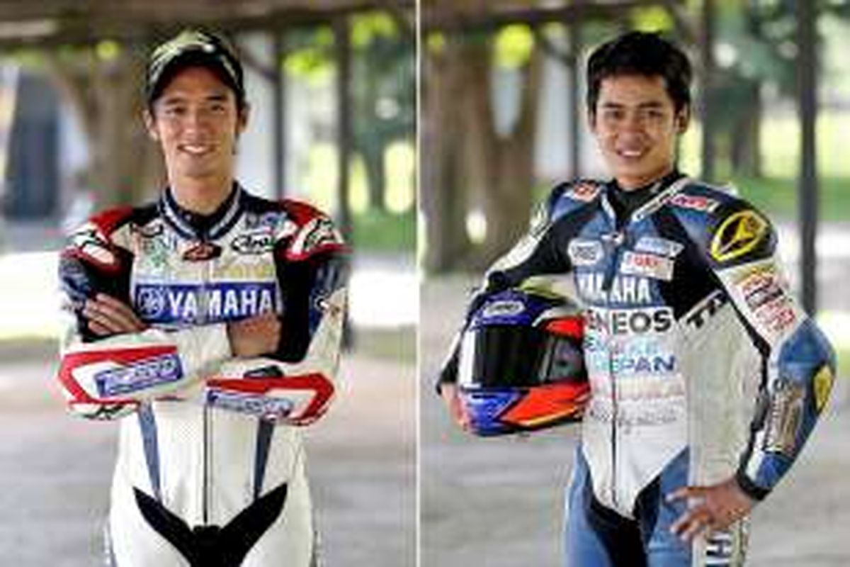 Pebalap muda Yamaha Indonesia, Imanuel Putra Pratna (kiri) dan Galang Hendra Pratama berpose di sela latihan di Sirkuit Sentul, Bogor, Jawa Barat, Rabu (22/6/2016). Mereka mendapat kesempatan mengikuti The Master Camp di VR46 Riders Academy, Tavullia, Italia, milik pebalap MotoGP Valentino Rossi.