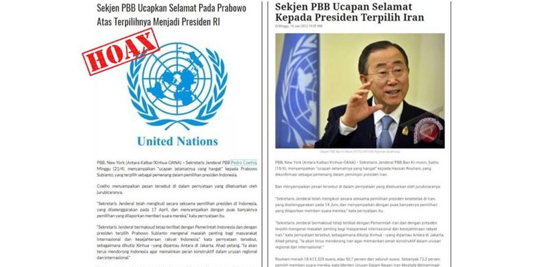 Perbedaan artikel palsu (kiri) dengan artikel asli yang ditulis LKBN Antara (kanan)