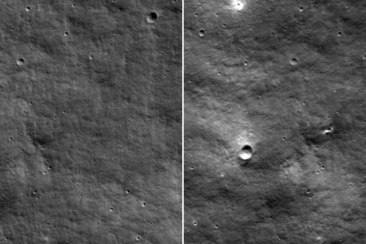 Permukaan bulan pada 27 Juni 2020 dan 24 Agustus 2023, sebelum dan sesudah munculnya kawah, yang kemungkinan besar merupakan lokasi jatuhnya misi Luna-25 Rusia.