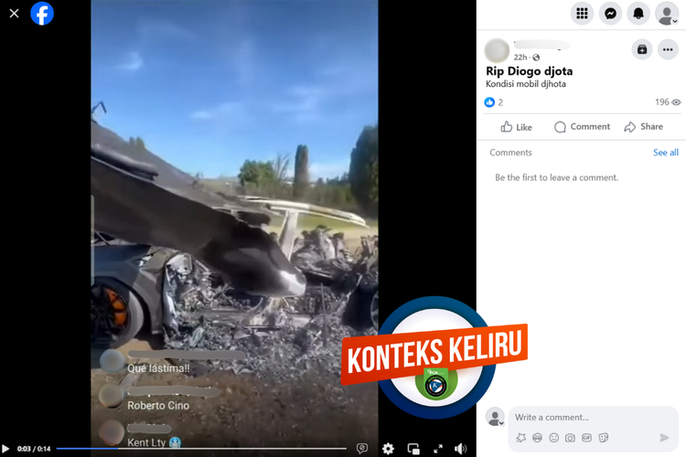 Tangkapan layar konten dengan konteks keliru di sebuah akun Facebook, Jumat (4/7/2025), menampilkan kondisi mobil Diogo Jota usai mengalami kecelakaan.