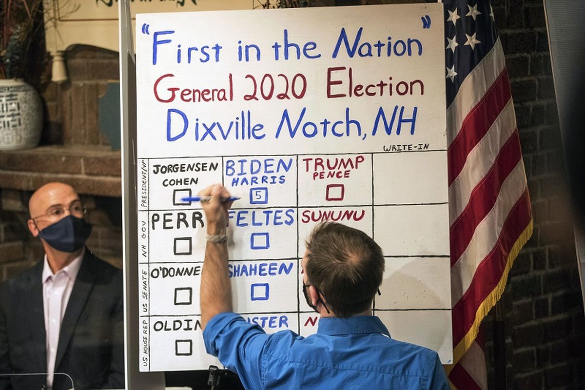 Seorang pria menghitung suara dari lima surat suara tepat setelah tengah malam, Selasa, 3 November 2020, di Dixville Notch, calon presiden dari Partai Demokrat sekaligus mantan Wakil Presiden Joe Biden menerima semua lima suara.