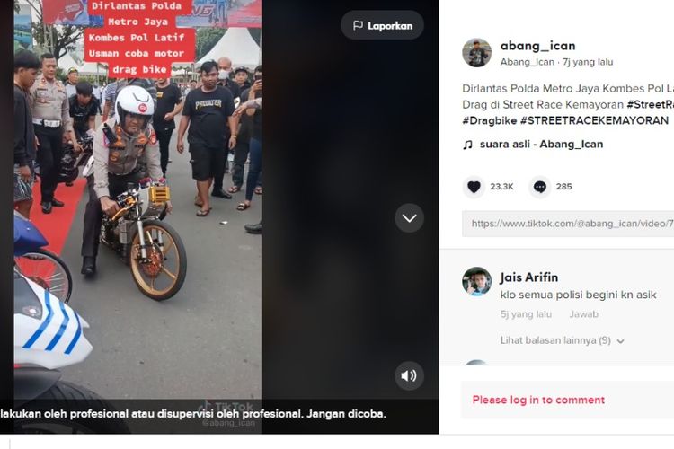 Dirlantas Polda Metro Jaya Kombes Latif Usman saat mencoba mengendarai motor drag di Street Race Kemayoran