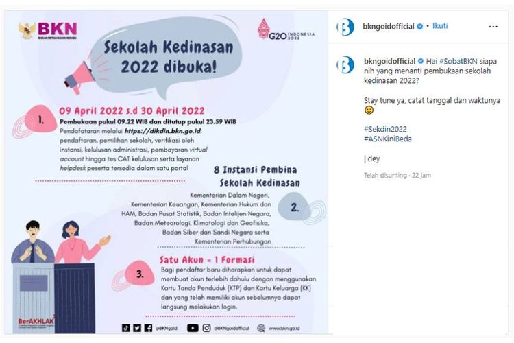 Tangkapan layar unggahan instagram BKN tentang pendaftaran sekolah kedinasan 2022