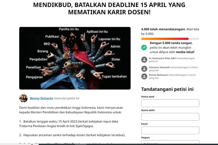Petisi desak Mendikbud membatalkan deadline 15 April yang mematikan karier dosen.