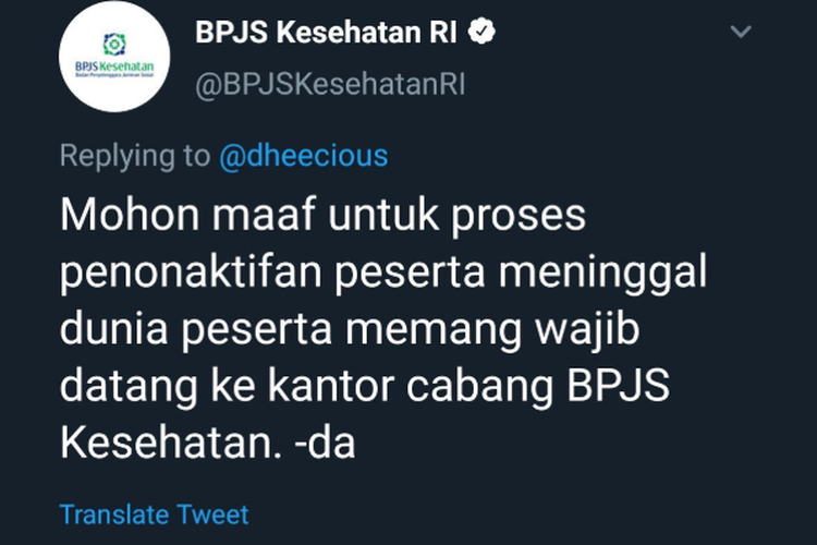 Twit BPJS Kesehatan menjadi viral di media sosial karena meminta peserta yang sudah meninggal dunia untuk langsung mengurus penonaktifan ke kantor BPJS. 