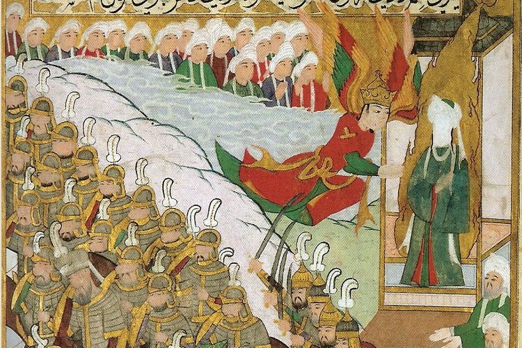 Ilustrasi Perang Badar, Muhammad mengirim gelombang pasukan berkuda ke medan tempur pada Perang Badar dalam sebuah ilustrasi yang ditulis sekitar tahun 1388.