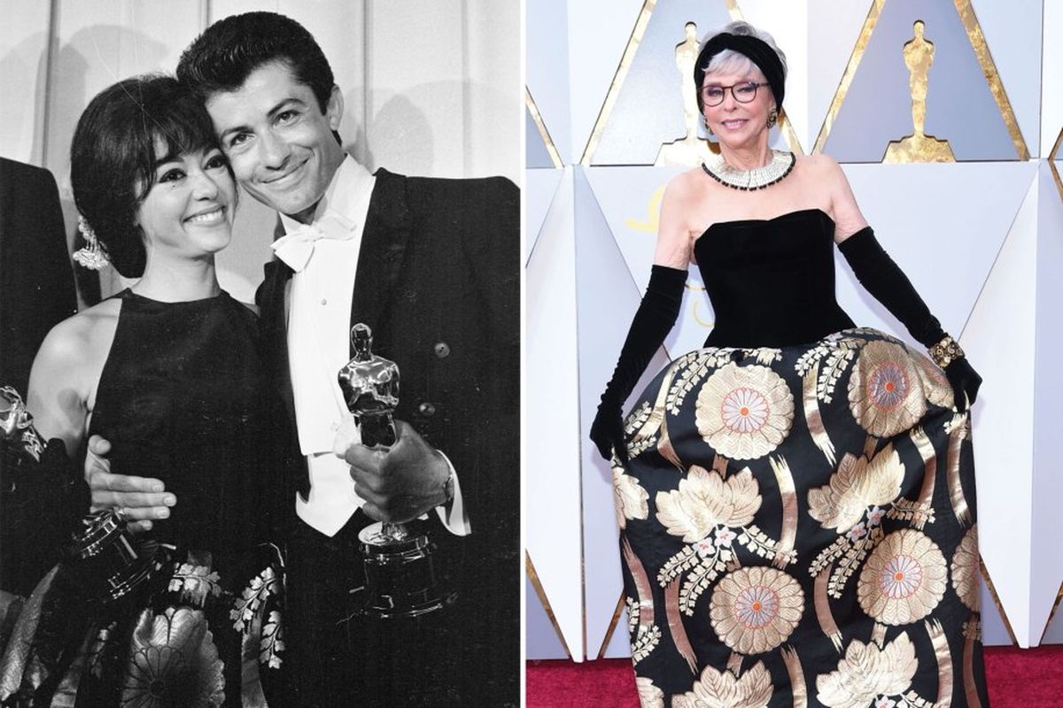 Rita Moreno dan George Chakiris dengan piala Oscarnya untuk West Side Story pada tahun 1962 (kiri) dan saat Academy Awards ke-90, tahun 2018.