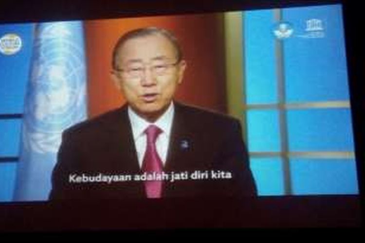Sekjen PBB Ban Ki-Moon menyampaikan pesan singkat melalui video yang diputar di pembukaan World Culture Forum 2016, Nusa Dua, Kamis(13/10/2016).