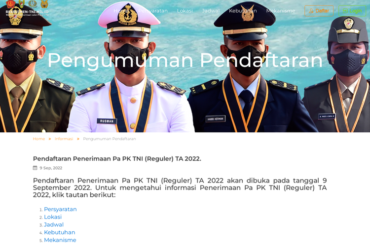 Tangkapan layar laman penerimaan Perwira Prajurit Karier Tentara Nasional Indonesia (Pa PK TNI) reguler tahun anggaran 2022.