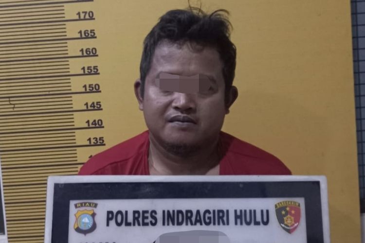 Pelaku pencabulan terhadap anak tiri di bawah umur saat diamankan di Polres Inhu, Riau, Selasa (28/3/2023).