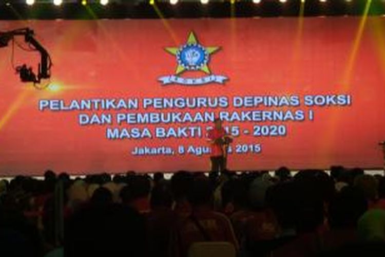 Acara pelantikan pengurus Dewan Pimpinan Pusat Sentra Organiaasi Karyawan Swadiri Indonesia (SOKSI) di Balai Kartini, Sabtu (8/8/2015).