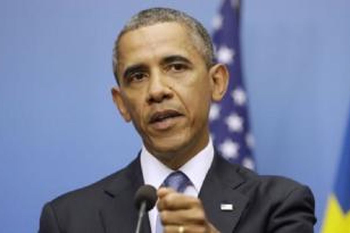 Presiden AS Barack Obama berbicara soal Suriah dalam konferensi pers di Stockholm, Swedia Rabu (4/9)