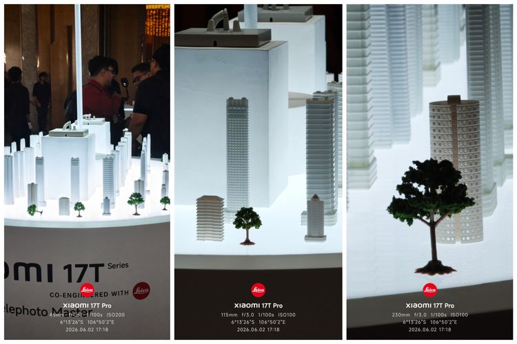 Xiaomi 17T Pro memotret miniatur bangunan dan pohon dalam acara peluncuran Xiaomi 17T Series di The Westin Hotel, Kuningan, Jakarta Selatan, Selasa (2/6/2026).