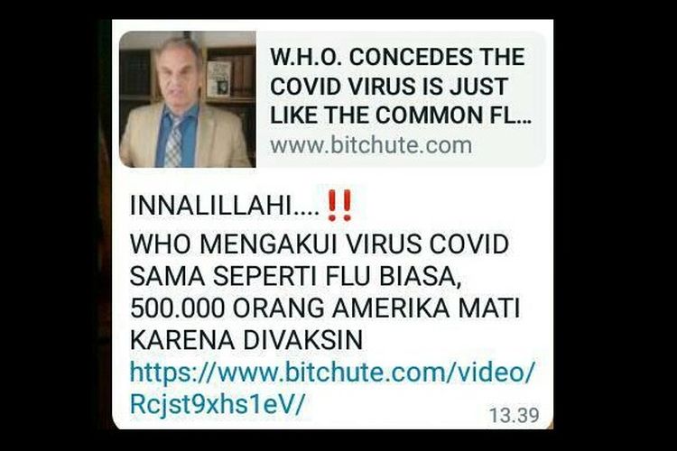 Tangkapan layar hoaks WHO mengakui Covid-19 sama seperti flu biasa
