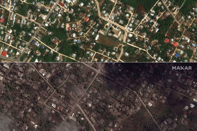 This combination of the satellite images provided by Maxar Technologies shows homes and buildings in Tonga on Dec. 29, 2021, above, and on Jan. 18, 2022. (Satellite image ©2022 Maxar Technologies via AP)
