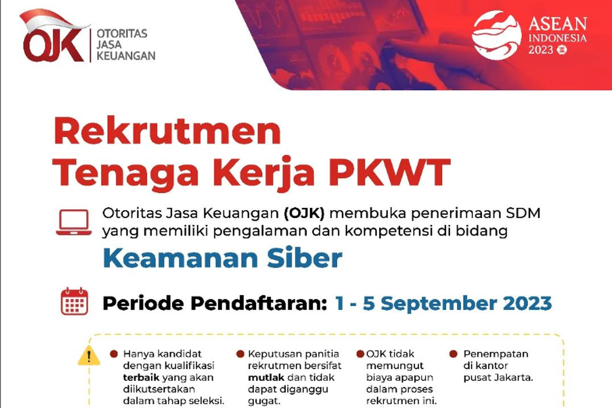 Otoritas Jasa Keuangan (OJK) membuka lowongan pekerjaan untuk pegawai kontrak atau perjanjian kerja waktu tertentu (PKWT) di bidang keamanan siber.