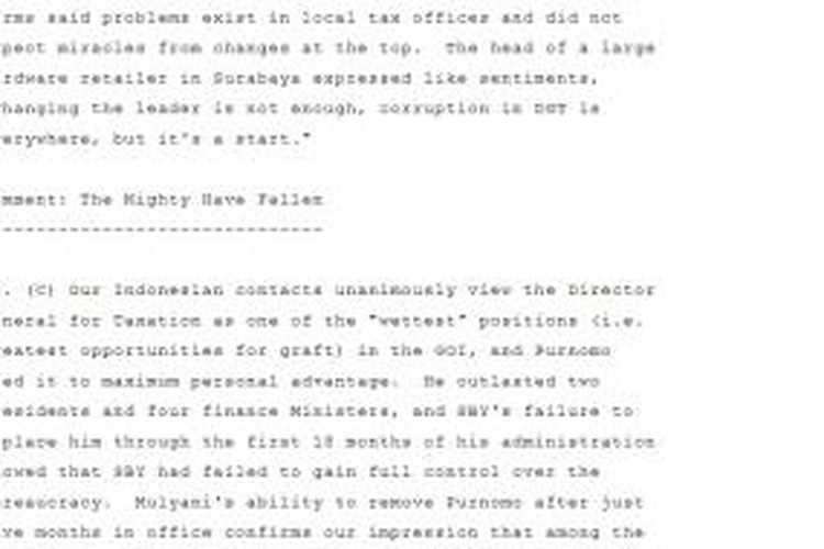 Cuplikan penjelasan dari kawat diplomatik rahasia berkode JAKARTA 00005420 001.2 OF 004 yang dilansir Wikileaks.org.