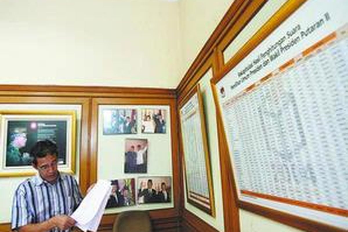 Direktur Eksekutif Centre for Electoral Reform (Cetro) Hadar Gumay menunjukkan sejumlah kesalahan yang dilakukan Komisi Pemilihan Umum (KPU) dalam Daftar Calon Sementara (DCS) anggota DPR Pemilu 2009 setelah dilakukan pemeriksaan DCS di kantor KPU, Jakarta, Senin (6/10). Hadar menyayangkan masih adanya kesalahan kecil, yang dinilai dapat merugikan calon dan masyarakat. 