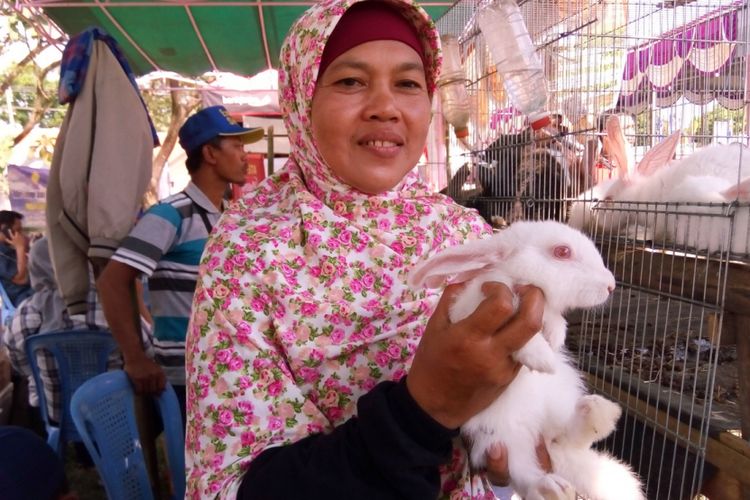 Hernanik, warga Desa Kinandang, Kabupaten Magetan, Jawa Timur, sembari memegang kelinci new zealand white, berbalik arah memelihara kelinci pedaging dari awalnya kelinci peliharaan sejak 2015.