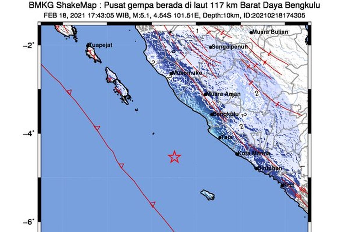 Gempa berkekuatan M 5,1 mengguncang Bengkulu Kamis (18/2/2021) sore pukul 17.43.09 WIB.