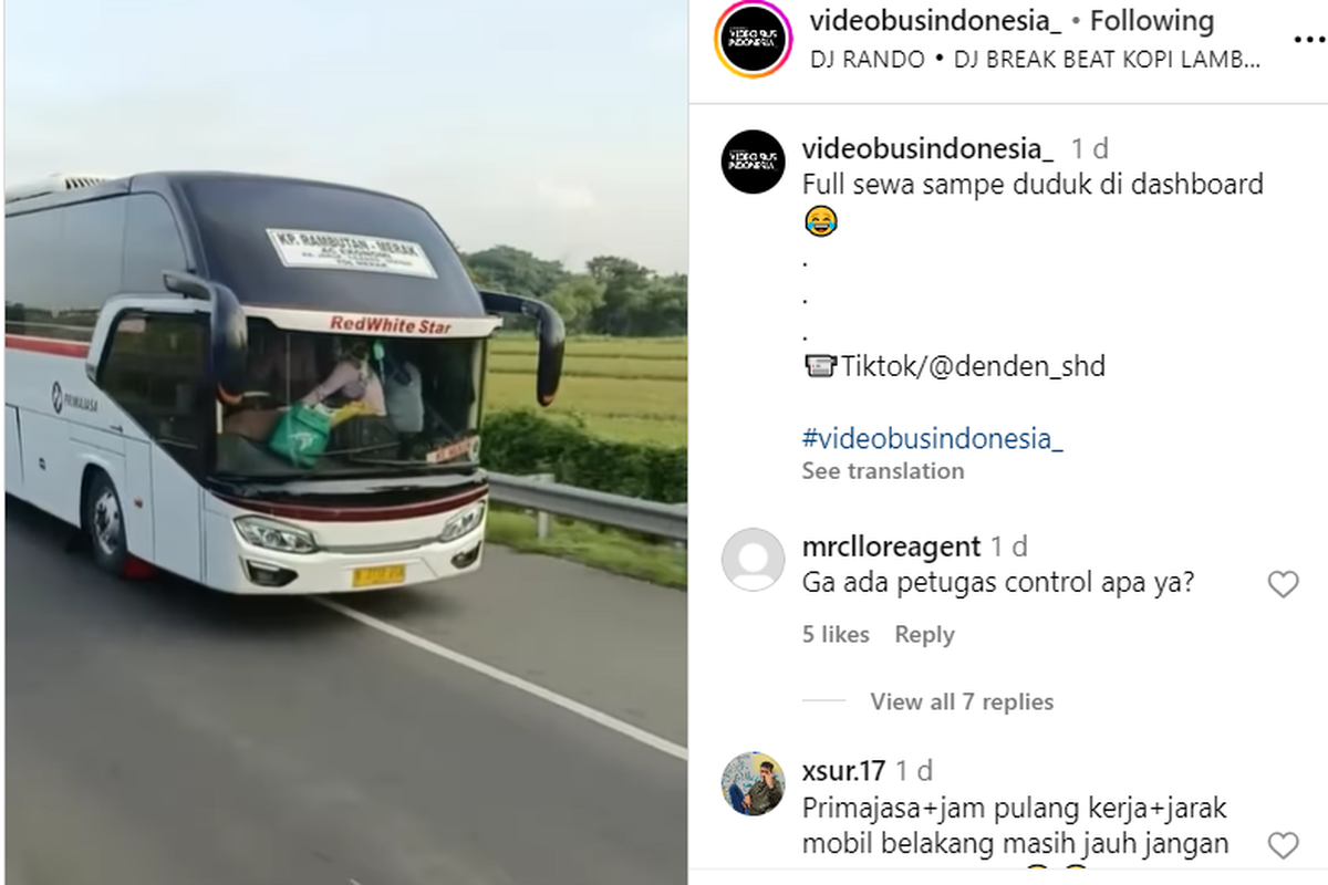 Video penumpang bus PO Primajasa duduk di dashbord