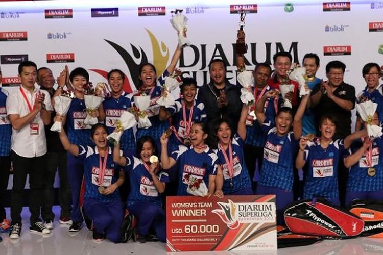 Tim putri Mutiara Cardinal berhasil menjuarai Djarum Superliga 2017 yang diselenggarakan di DBL Arena, Surabaya, Sabtu (25/2/2017).