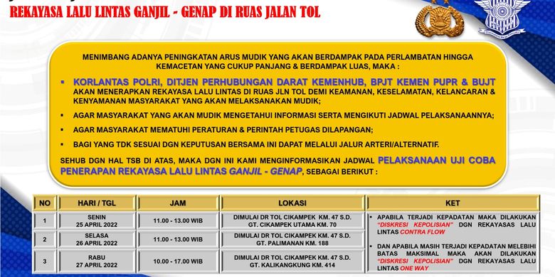 jadwal uji coba rekayasa lalu lintas ganjil genap di Tol Cikampek mulai Senin, 25 April 2022.