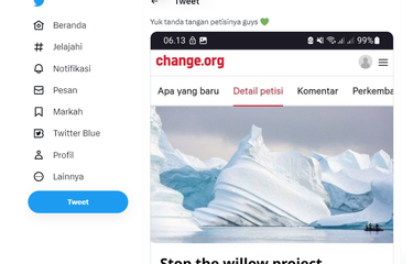 Tangkapan layar twit soal petisi stop the willow project. Willow project adalah proyek pengeboran minyak besar-besaran di Alaska yang telah disetujui pemerintahan Presiden Amerika Serikat (AS), Joe Biden pada Senin (13/3/2023).
