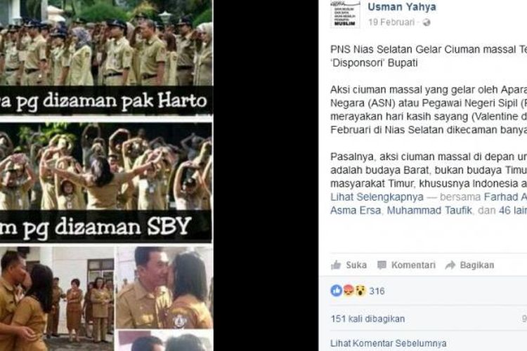 meme upacara di zaman pak Harto, senam pg di zaman pak SBY, cipokan massal dizaman Jokowi Kini, seperti yang ada di akun facebook Usman Yahya