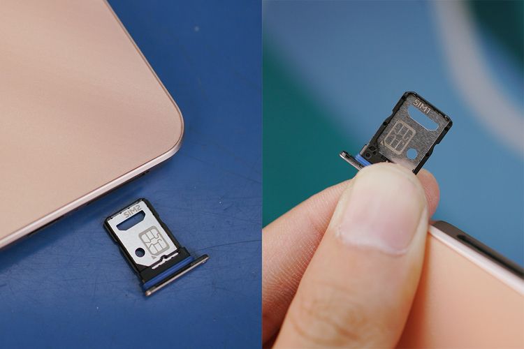 Laci SIM bisa memuat dua buah kartu nano SIM, tapi tak ada tempat untuk kartu memori microSD