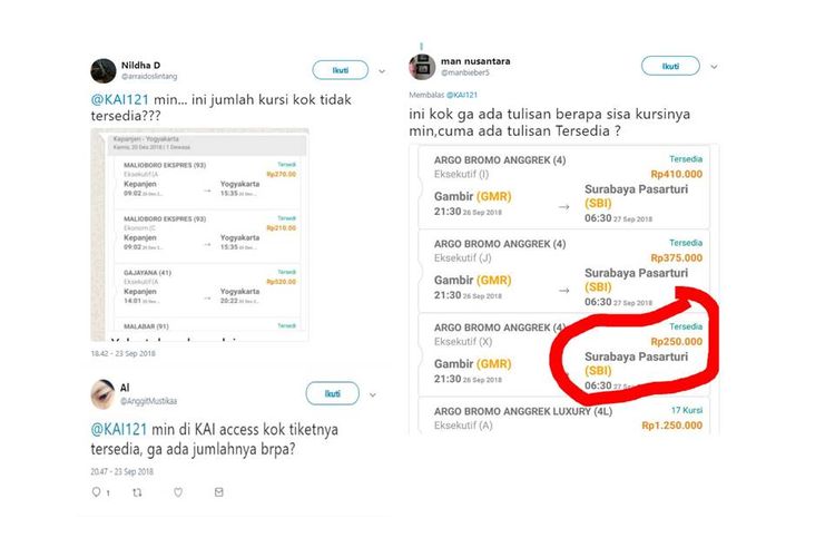 Tangkapan layar pertanyaan warganet kepada akun twitter PT KAI