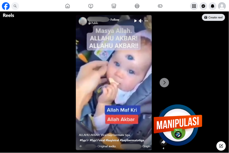 Tangkapan layar manipulasi video di sebuah akun Facebook, 24 Februari 2024, soal bayi bermata tiga.