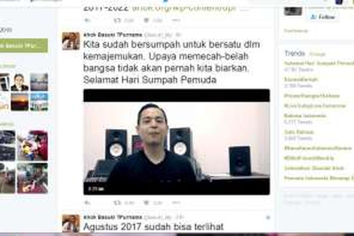 Video yang diunggah calon gubernur DKI Jakarta, Basuki Tjahaja Purnama, mengenai peringatan Hari Sumpah Pemuda pada akun Twitter milik dia. 