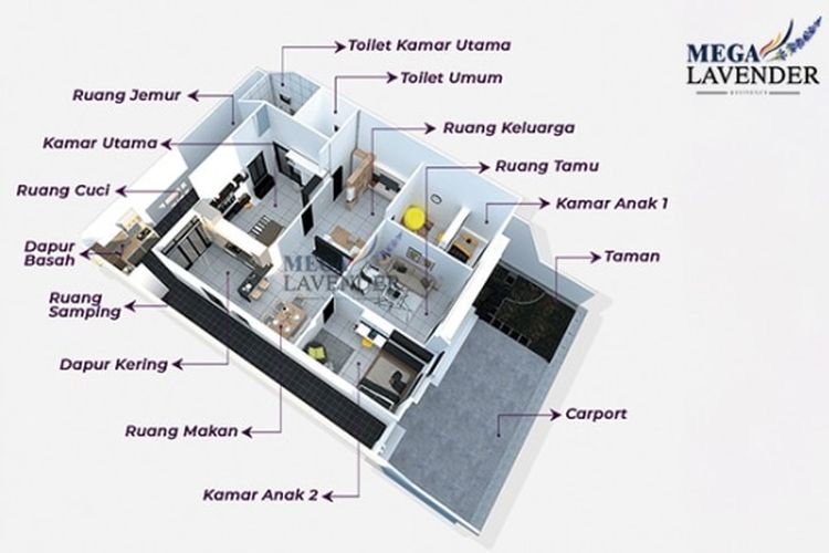  Denah rumah di perumahan Mega Lavender 