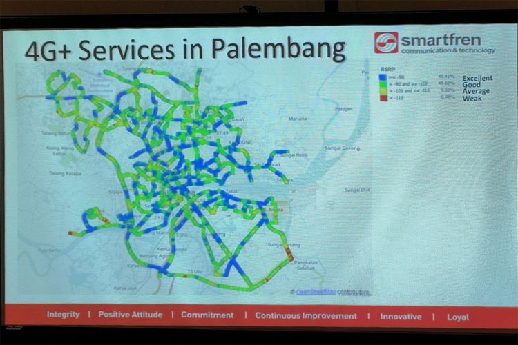 Peta layanana 4G Plus Smartfren di Palembang. Beberapa area masih mengalami lemah sinyal, ditandai dengan warna kuning dan merah. Cakupan 4G Plus Smartfren di Palembang kini baru 70 persen dari keseluruhan jaringan 4G. Pada akhir 2018, cakupan 4G Plus ditargetkan sudah mencapai 100 perse. 
