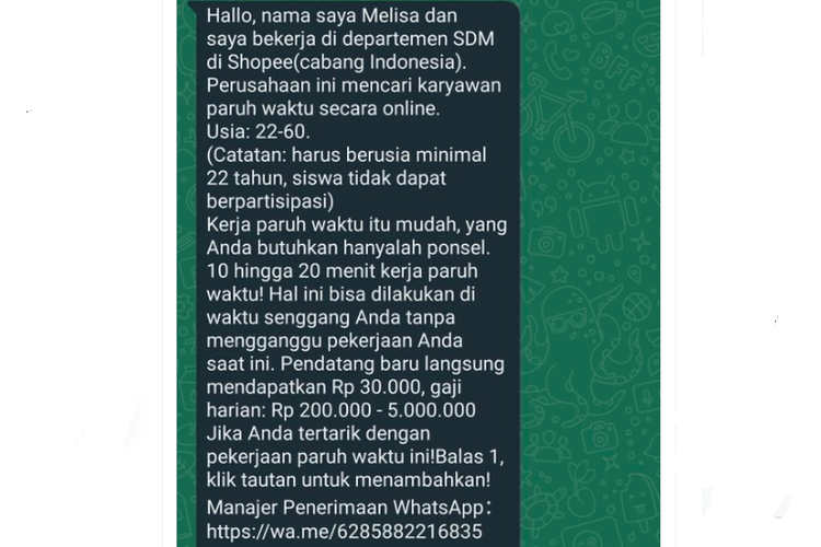 Tangkapan layar twit soal penipuan lowongan kerja paruh waktu Shopee Indonesia