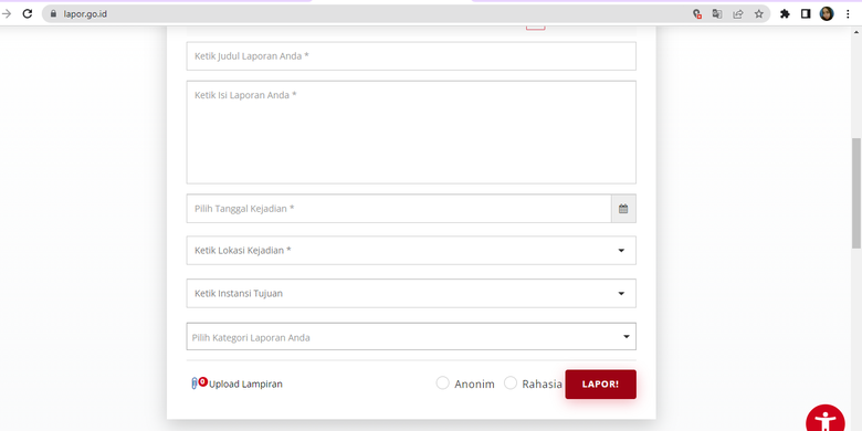 Tangkapan layar tahap II cara melaporkan penipuan online melalui lapor.go.id