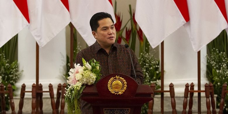 A file photo of State-Owned Enterprises Minister Erick Thohir who is also the chief executive of the newly established Covid-19 Handling and National Economic Recovery Committee delivering his speech at an event dated July 17, 2020. 