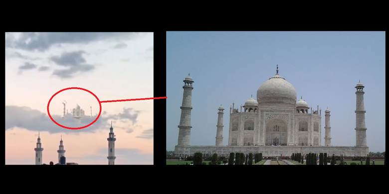 Bangunan yang diklaim sebagai masjid di atas awan di Mataram, Lombok, NTB (kiri) Bangunan Taj Mahal di India (kanan).