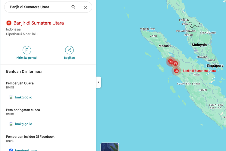 Titik lokasi banjir di sejumlah wilayah Sumatera Utara, seperti Sibolga dan Tapanuli, yang terdeteksi di Google Maps.
