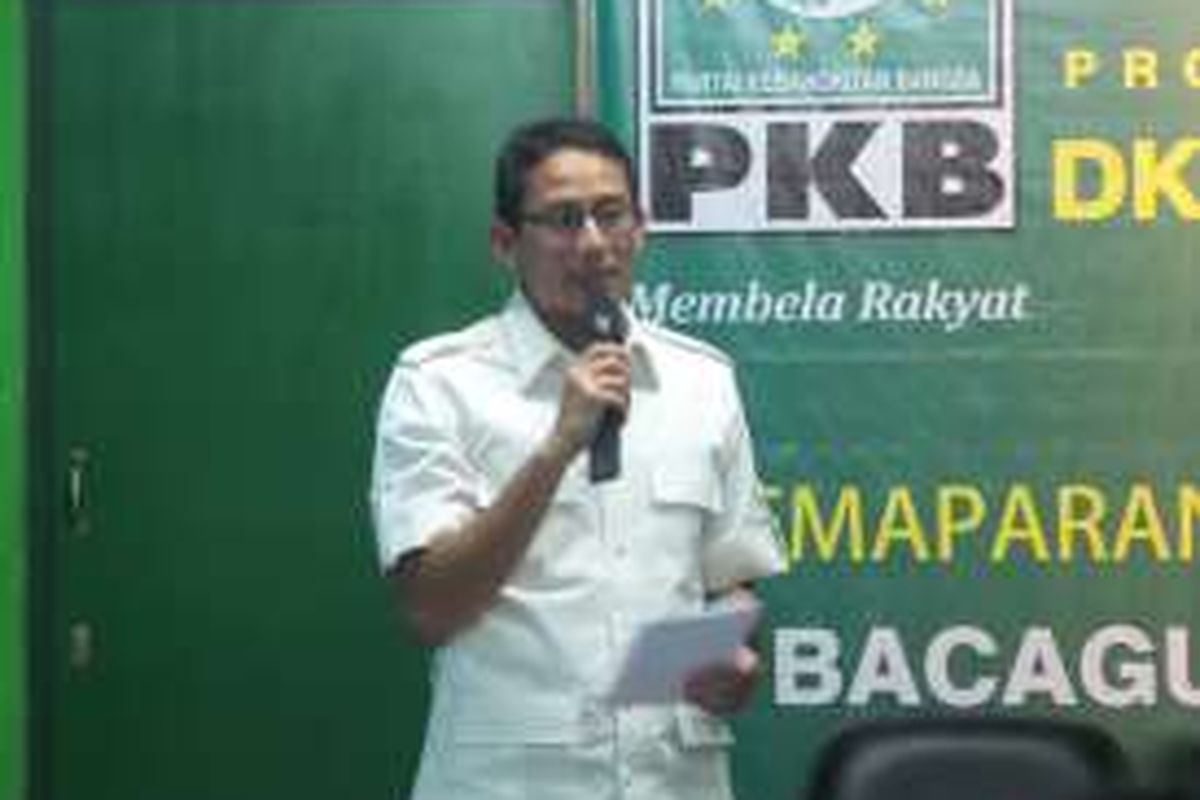 Sandiaga Uno memaparkan visi dan misi di DPW PKB DKI, Jalan Paseban, Jakarta Pusat, Rabu (1/6/2016).