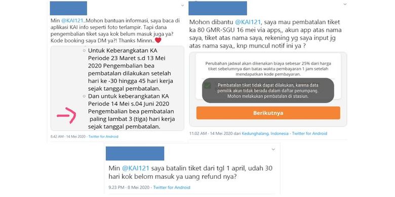 Twit warganet mengenai pengembalian biaya tiket PT KAI