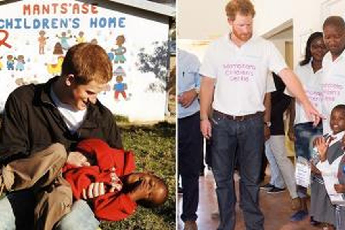 Pangeran Harry saat sedang melewatkan waktu bermain dengan anak-anak di The Mamahato Children' Centre.