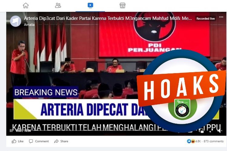 Tangkapan layar Facebook narasi yang menyebut bahwa Arteria Dahlan dipecat dari PDI-P
