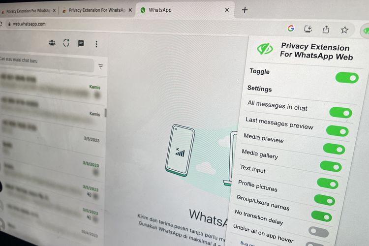 Cara blur WhatsApp Web dengan Privacy Extension for WhatsApp Web di browser.