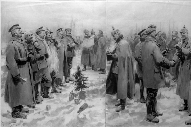 Prajurit Jerman dan Inggris merayakan Christmas Truce (Photo by Mansell/Mansell/The LIFE Picture Collection/Getty Images)