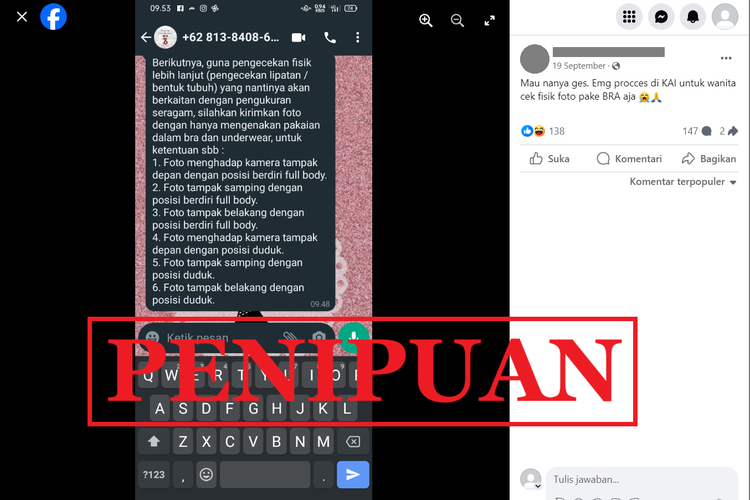 Tangkapan layar unggahan di sebuah akun Facebook, 19 September 2023, soal pengecekan fisik rekrutmen PT KAI yang beredar di WhatsApp.