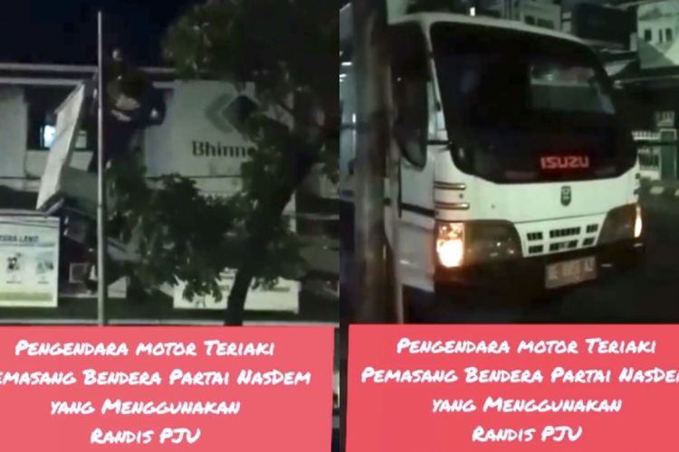 Bidik layar dugaan pemasangan bendera Partai Nasdem menggunakan kendaraan milik Pemkot Bandar Lampung, Senin (8/5/2023) malam.