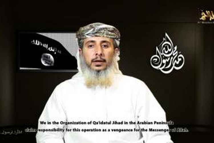 Foto ini diambil dari video yang dirilis Al Qaeda Semenanjung Arabia (AQAP) yang menampilkan seorang tokoh senior kelompok itu yang mengklaim bertanggung jawab atas serangan maut ke majalah satir Charlie Hebdo.